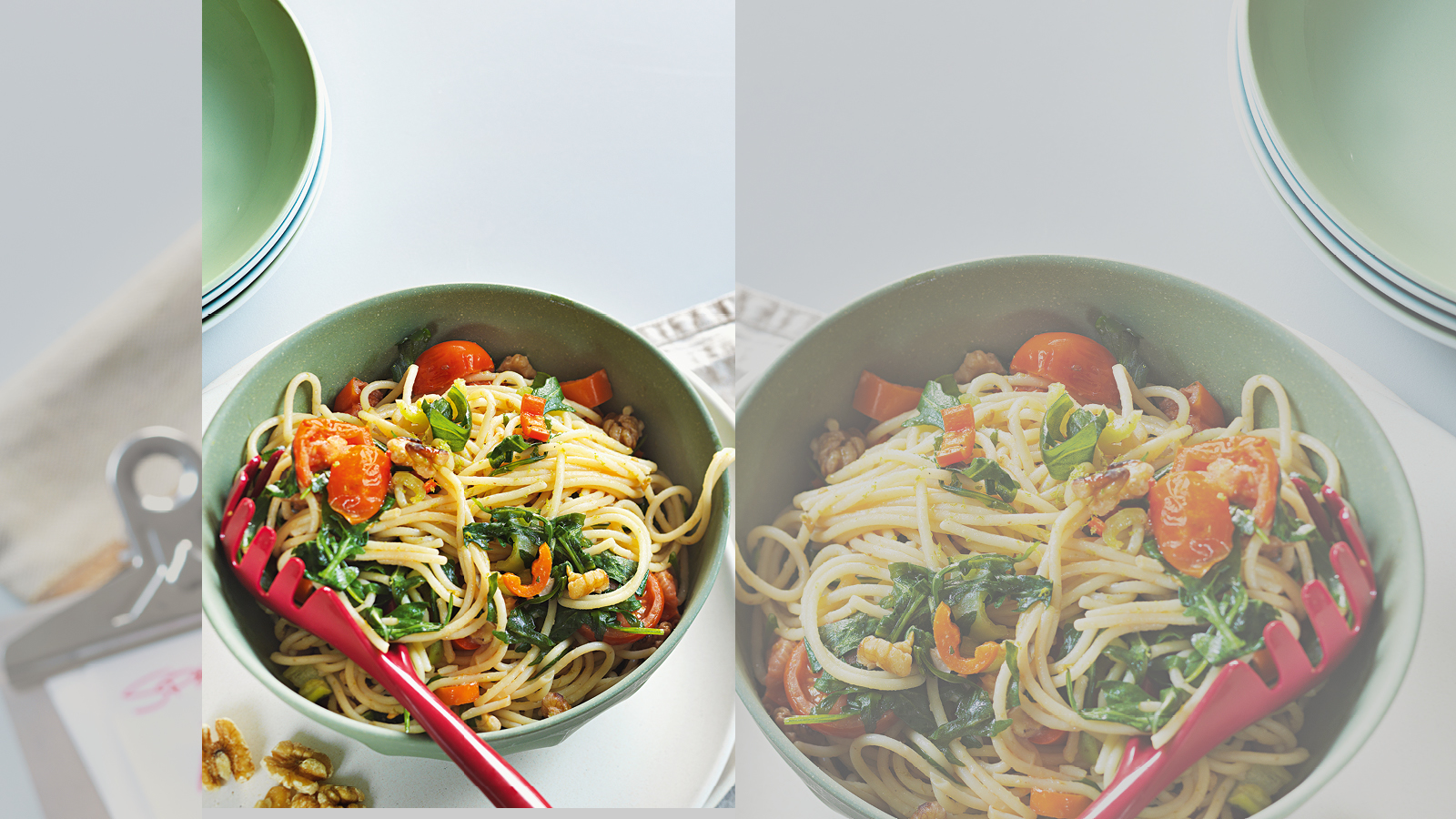 Spaghetti mit Rucola, Walnuss, Limette und Chili - maxima